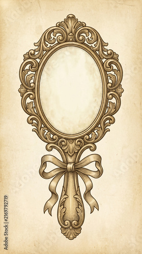 Vintage hand mirror with ornate gold frame and decorative bow on aged paper background for retro design