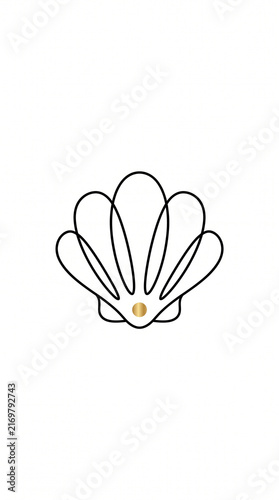 Minimalist line art vector illustration of a delicate seashell with a gold pearl inside on a clean white background