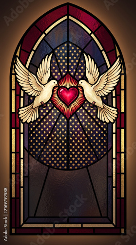Stained glass window church design featuring two white doves flanking a glowing red sacred heart symbolizing peace and divine love