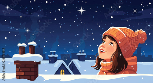 Winter vector illustration features cute girl in orange knit hat gazing up at snowy night sky with brick rooftops. Holiday landscape background for design, web, and Christmas greeting cards.