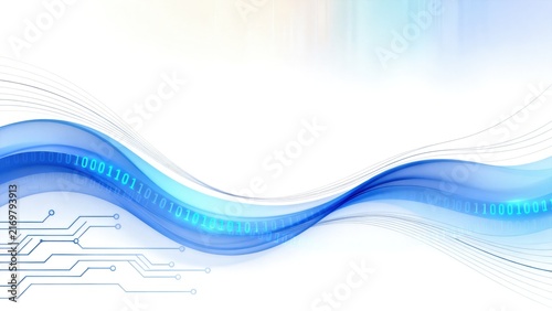 Flowing blue binary data wave with digital circuit lines and futuristic technology patterns, idea for computing, information transfer, network communication and advanced digital infrastructure