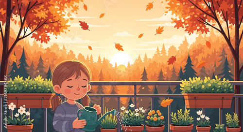 Cute Girl Watering Plants on Balcony, Autumn Vector Illustration, Cozy Fall Background