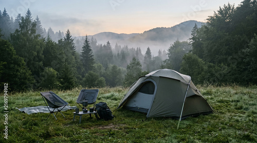 Camping tent on grassy mountain clearing