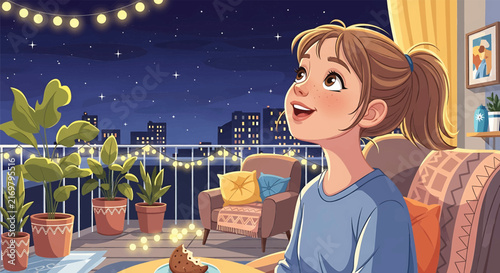 Happy girl on balcony at night, city skyline with stars, cozy evening atmosphere