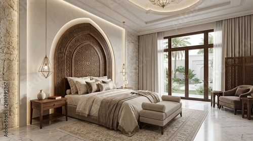 Luxury Bedroom Interior Design, Moroccan Style, Warm Neutral Tones, Elegant Furnishings