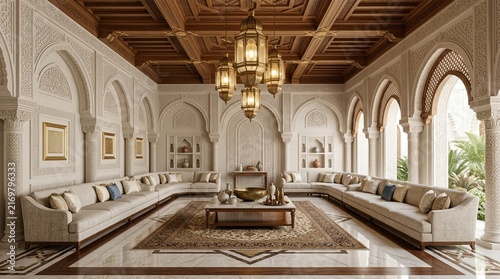Ornate Arabian Luxury Lounge with Arched Walls and Intricate Ceiling