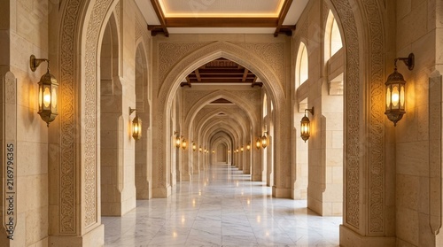 Ornate Islamic Hallway with Arches and Lanterns