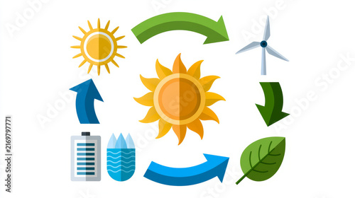 Illustration of renewable energy sources and sustainability concepts with sun wind and water symbols