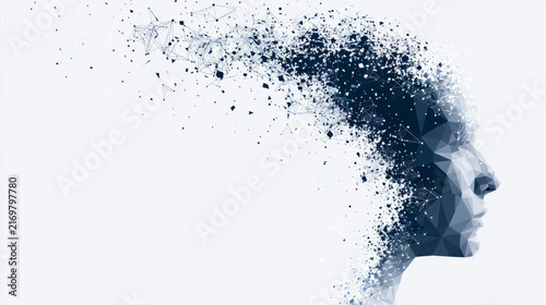 Conceptual illustration of the human thought process featuring a fragmented head silhouette surrounded by dynamic particles