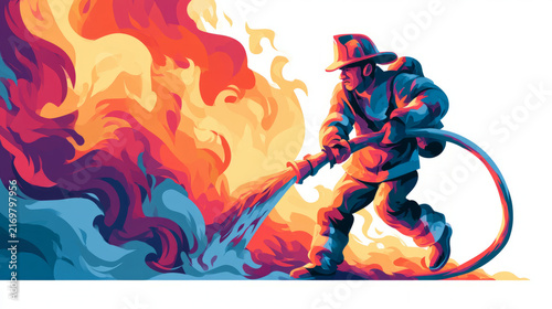Vibrant artistic depiction of a brave firefighter courageously fighting raging flames using a powerful water hose