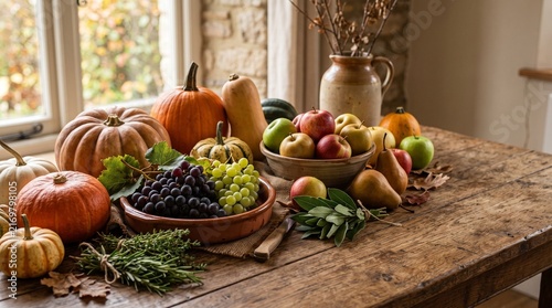 Abundant autumn harvest display with fresh organic fruits and vegetables on a rustic wooden table, perfect for healthy seasonal eating and festive celebrations
