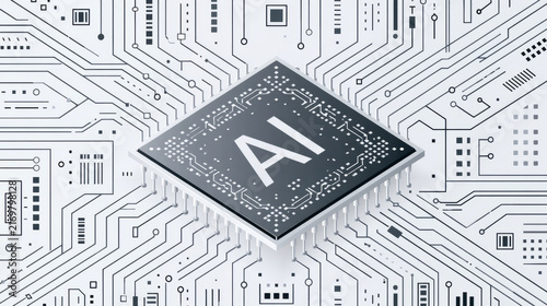 Artificial intelligence chip surrounded by circuit board patterns representing advanced technology and innovation