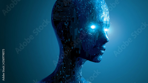 Futuristic digital human with glowing eyes representing artificial intelligence and technology in a blue background