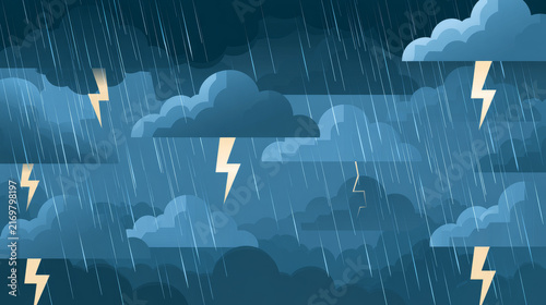 Intense thunderstorm featuring bright lightning bolts and heavy rain falling from ominous dark clouds