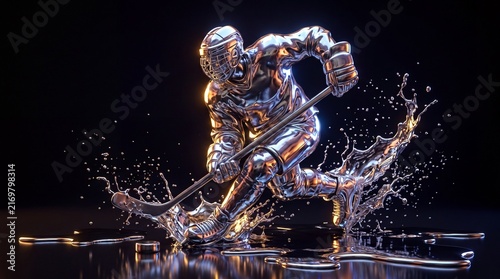 Liquid metal ice hockey player skating aggressively with a stick and splashing