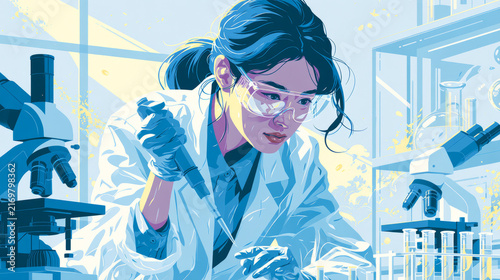 Woman scientist performing experiments in a contemporary lab equipped with microscopes and various test tubes