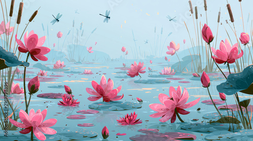 Tranquil pond filled with beautiful pink water lilies and dragonflies surrounded by a peaceful natural landscape