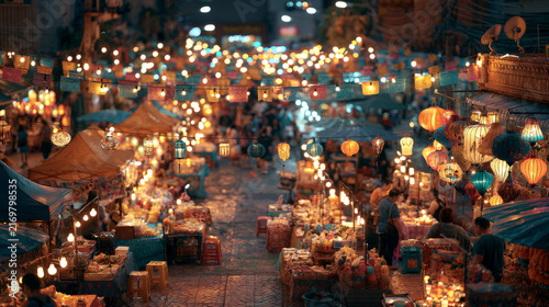 Lively night market filled with colorful lanterns and stalls glowing with warm lights creating a festive atmosphere