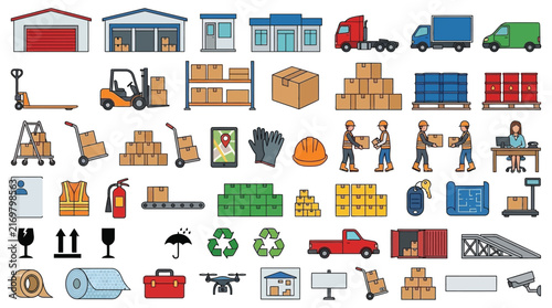 Photography Logistics and warehousing icons depict transport storage and safety equipment