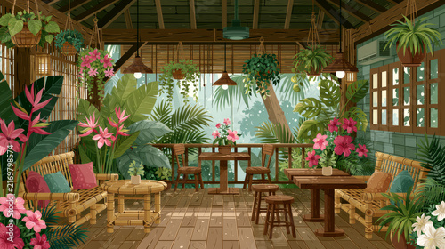 A tranquil tropical oasis featuring bamboo furniture surrounded by vibrant greenery creating a peaceful and relaxing environment