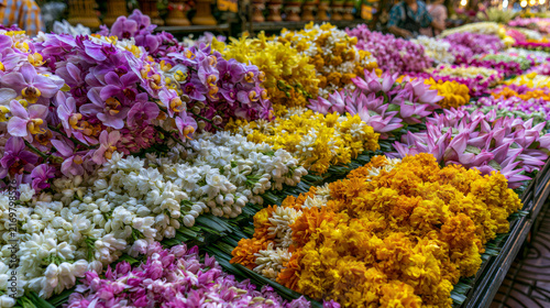 A stunning array of bright and colorful fresh flowers beautifully arranged at a bustling local market stall