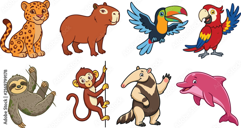Naklejka premium Cute Amazon Rainforest Animals Vector Set with Jaguar Capybara Toucan Macaw Sloth Monkey Anteater and Pink River Dolphin Wildlife Cliparts