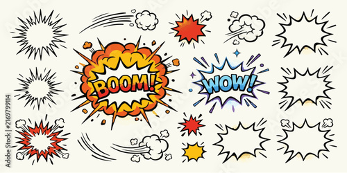 Comic book style action explosion and speech bubble graphic collection on light background with outline vector boom text wow text pop art retro style explosion collection illustration isolated