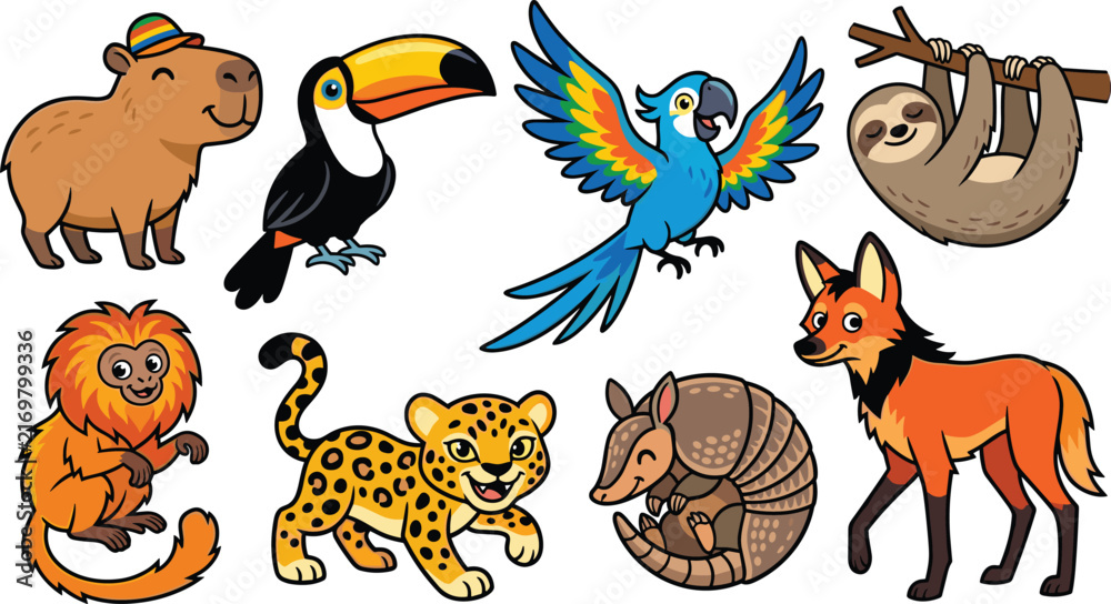 Naklejka premium Cute South American Rainforest Animals Vector Set with Capybara Toucan Macaw Sloth Tamarin Jaguar Armadillo and Maned Wolf Cliparts