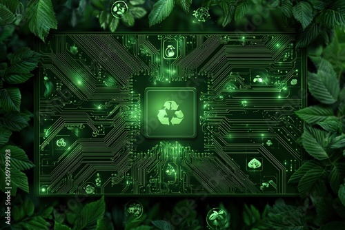 Close view of eco-friendly circuit board with glowing green symbols