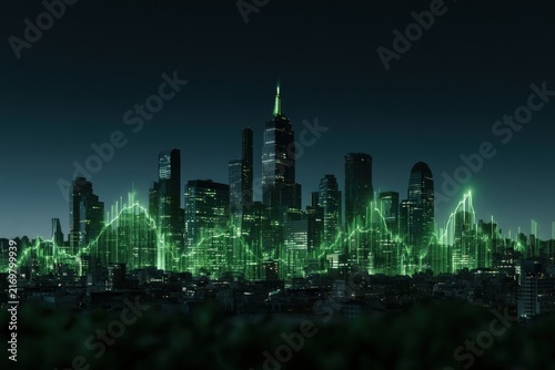 Night cityscape with glowing green stock market investment graphs