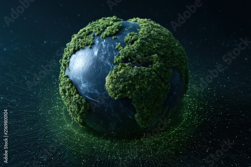 Glowing digital globe with green continents and circuit connections