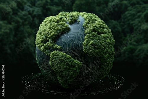 Globe with green forest continents and digital circuit patterns