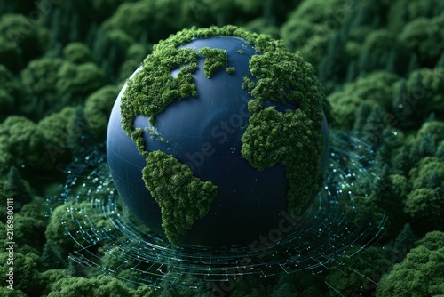 Dark background with a 3D rendered globe featuring lush green foliage continents and digital circuit network