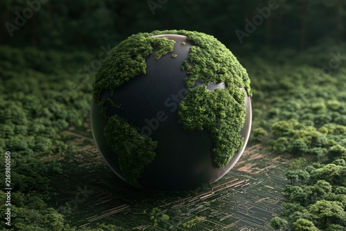 Globe with moss-covered continents on electronic circuit board surface