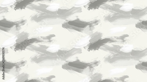 A seamless pattern of thick, textured paint brush strokes in varying shades of gray and white on a light beige background.