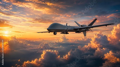 Military drone flying in dramatic sunset sky with vibrant clouds and golden sun rays illuminating.
