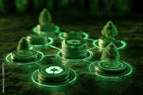 Stacked coins with recycling symbols linked to miniature trees on dark surface