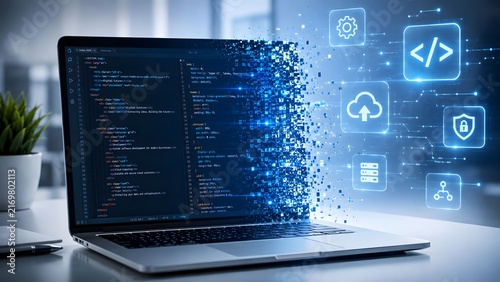Laptop displaying coding script with glowing digital icons for cloud computing software development and cybersecurity technology.