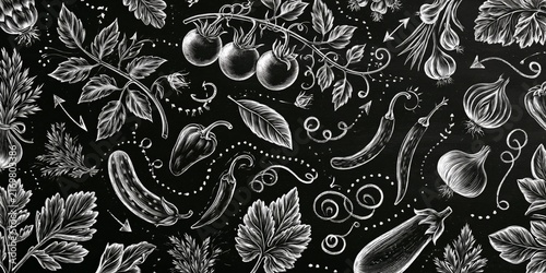 Black and white chalkboard-style illustration of fresh vegetables including tomatoes, eggplants, peppers, garlic, and herbs with decorative swirls and dots.