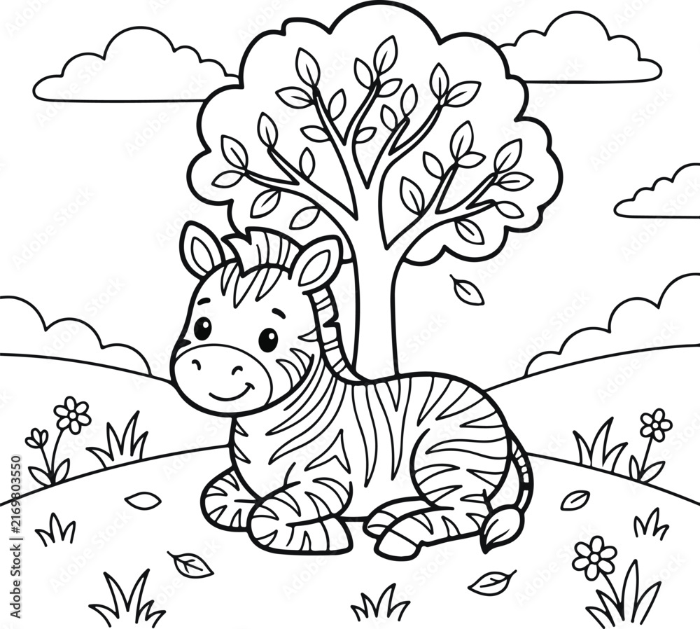 Naklejka premium Cute cartoon zebra sitting under a tree in a meadow, simple line art coloring page for kids