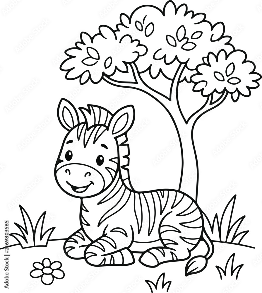 Naklejka premium Cute cartoon zebra resting under a tree, simple line art coloring page for kids