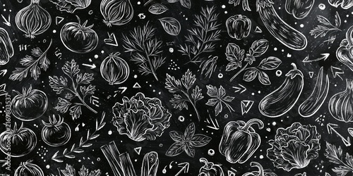 White chalk-style illustrations of fresh vegetables and herbs on a blackboard background, featuring tomatoes, zucchinis, peppers, onions, and leafy greens in a whimsical, hand-drawn pattern.