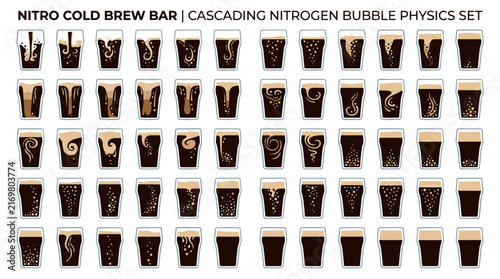 Nitro cold brew coffee flat icon set illustrating cascading nitrogen bubbles and creamy foam settling in glasses