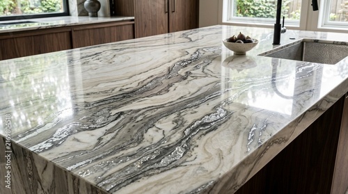 Luxury Kitchen Island with Polished Marble Countertop and Stainless Steel Sink