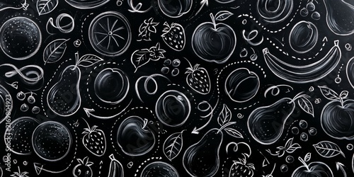 White chalk-style fruit illustrations on black background, including apples, bananas, pears, strawberries, and leaves, creating a playful, hand-drawn pattern with dotted lines and arrows.