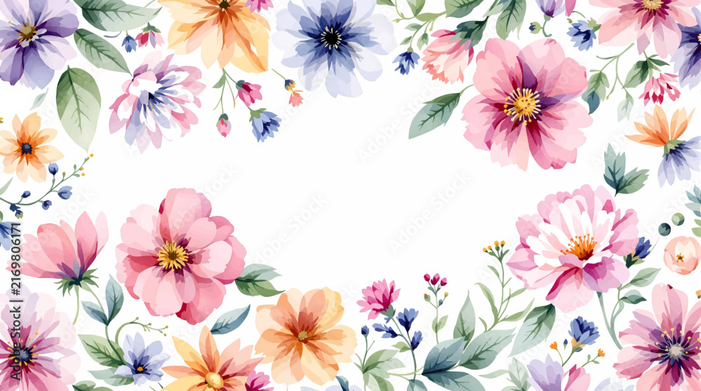 Obraz premium Watercolor Wildflower Botanical Frame Banner With Pink Yellow Purple Petals