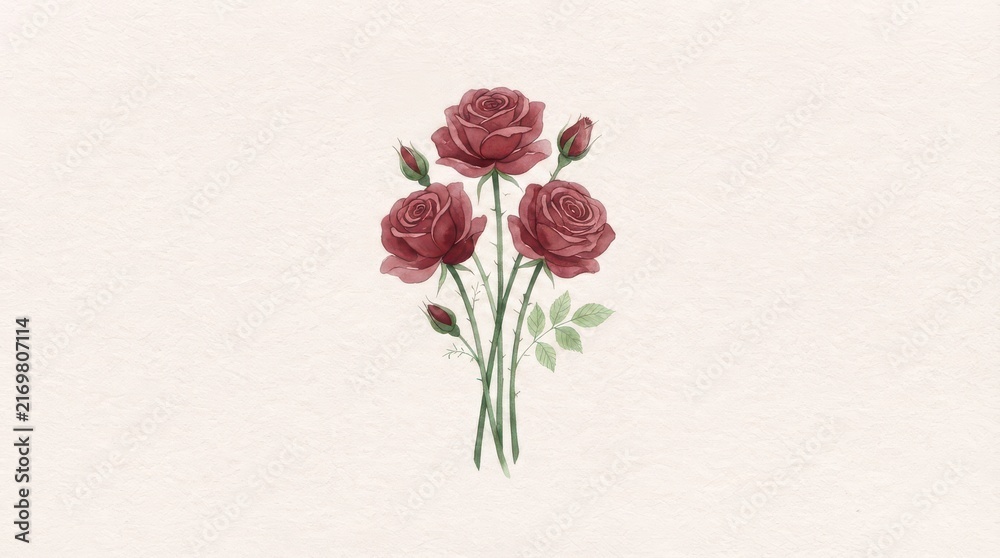Fototapeta premium Fresh Watercolor Rose Illustration: Low Saturation Blooms and Dark Green Stems on Orange Red Paper, Minimal Healing Art