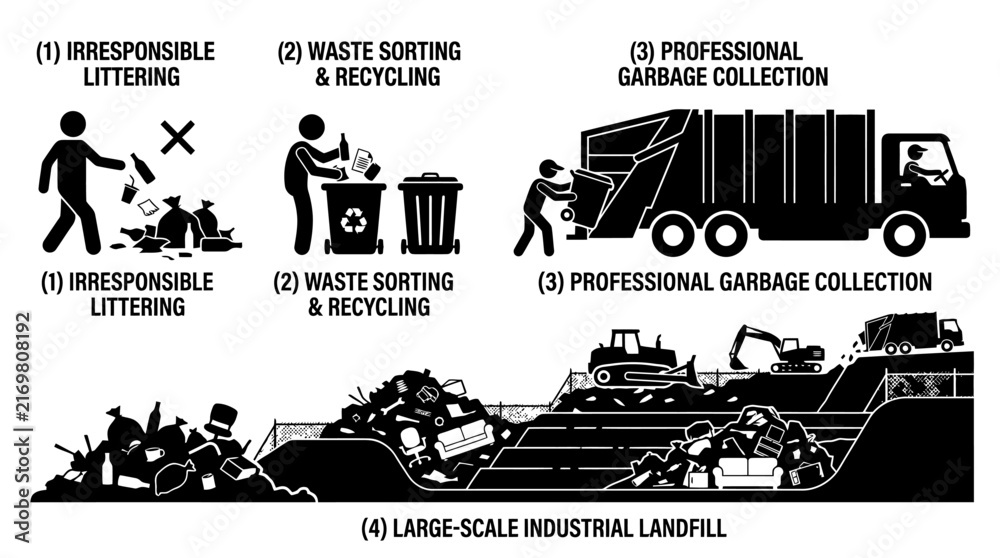 Fototapeta premium Waste management stages from recycling to industrial landfill.