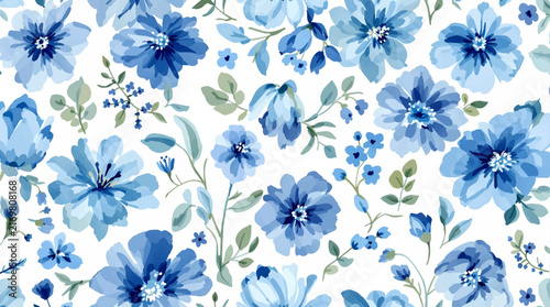 Romantic Watercolor Botanical Pattern Print Featuring blue Blue Blooming Flowers