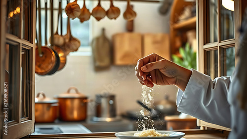An open trattoria kitchen window with hanging copper pots and garlic, a hand sprinkling cheese onto a dish in warm light.
